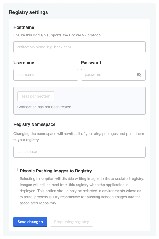 Image of image registry configuration screen