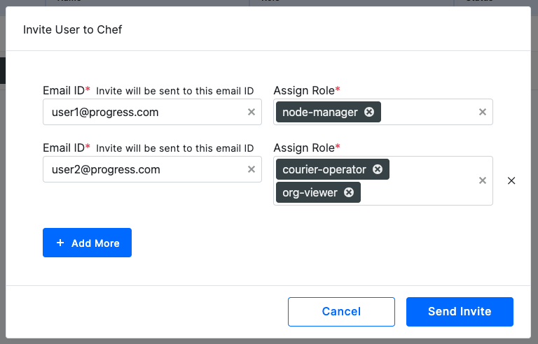 Invite Users pane showing a user’s email address and roles assigned to the user.