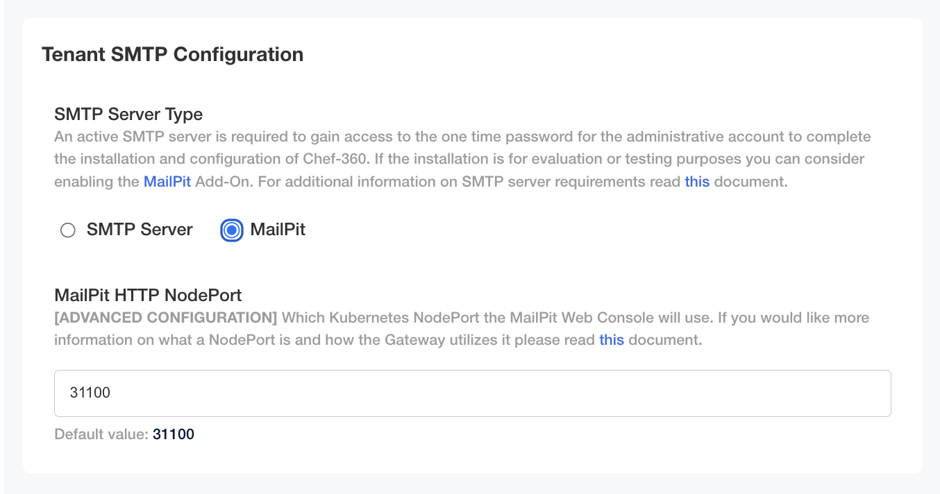 Tenant SMTP configuration dialog showing SMTP Server Type radio buttons and Mailpit HTTP NodePort field.