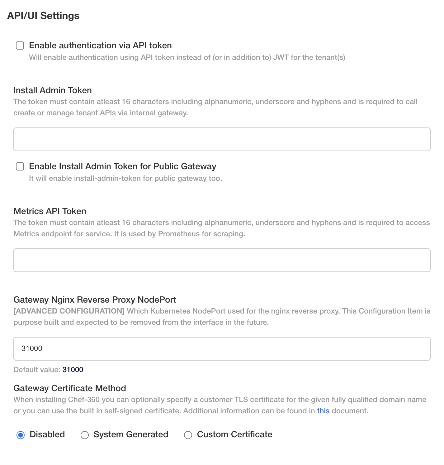 API/UI settings showing Install Admin token, Metrics API token, Gateway nginx Reverse Proxy NodePort.