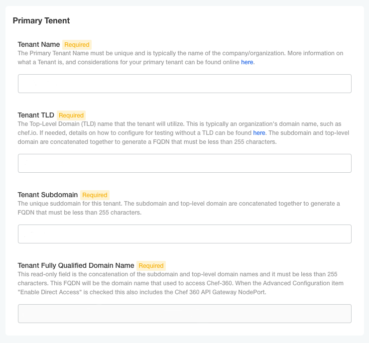 Primary tenant setup dialog showing tenant name, tenant top-level domain, tenant subdomain, and tenant FQDN fields.