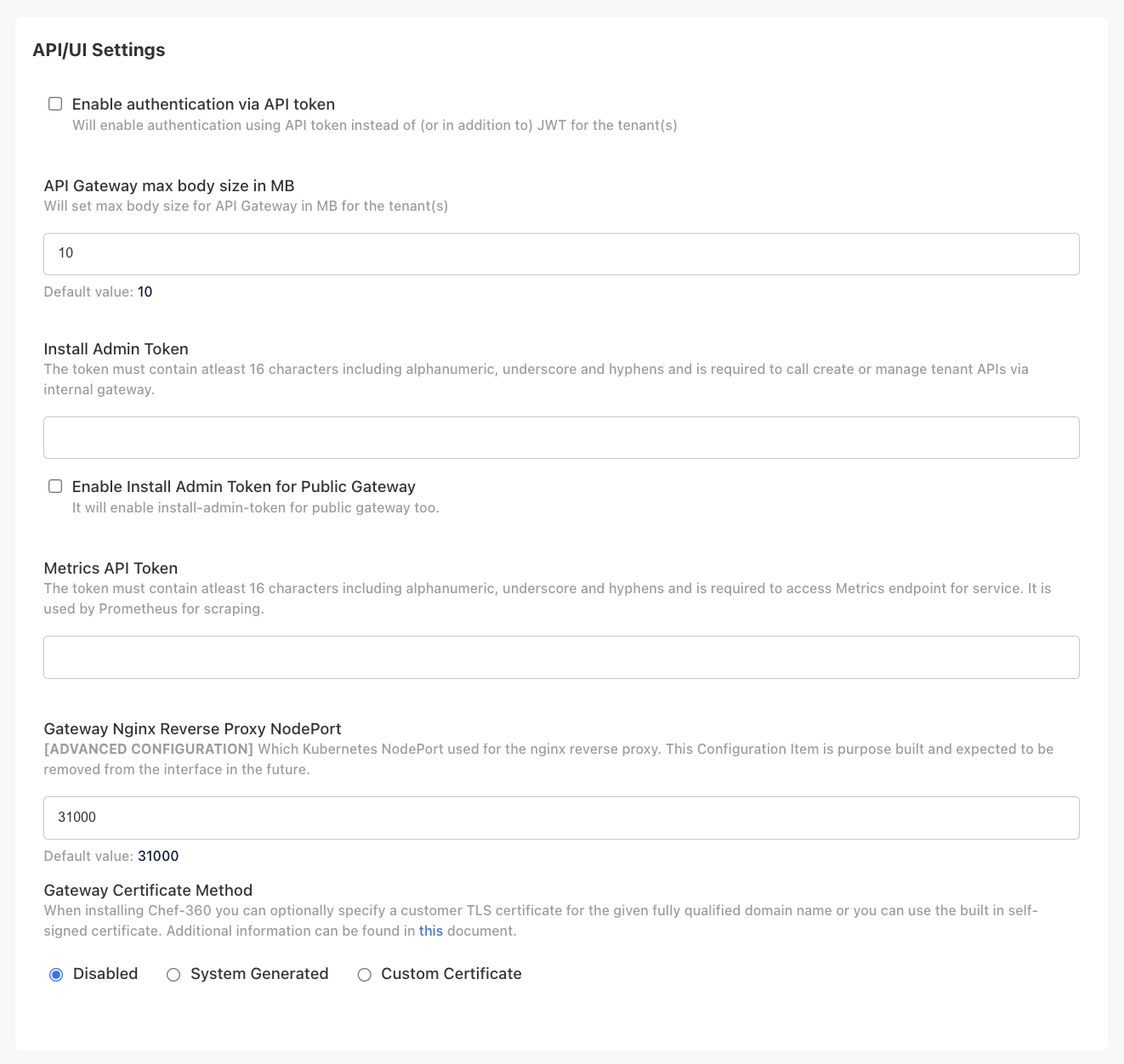 API/UI settings showing Install Admin token, Metrics API token, Gateway nginx Reverse Proxy NodePort.