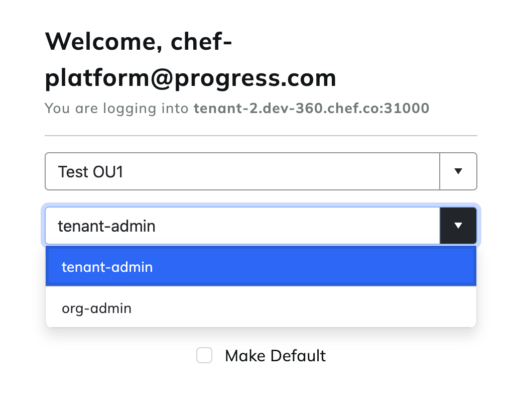 Chef 360 SaaS organization and role selection screen.