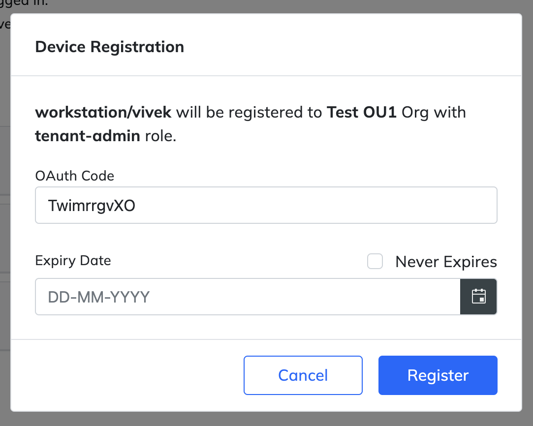 Chef 360 SaaS device authorization screen with OAuth token and expiration date.